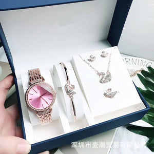 Luxury Casual Diamond  Quartz Watch Swan Set Five-Piece
