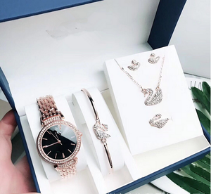 Luxury Casual Diamond  Quartz Watch Swan Set Five-Piece